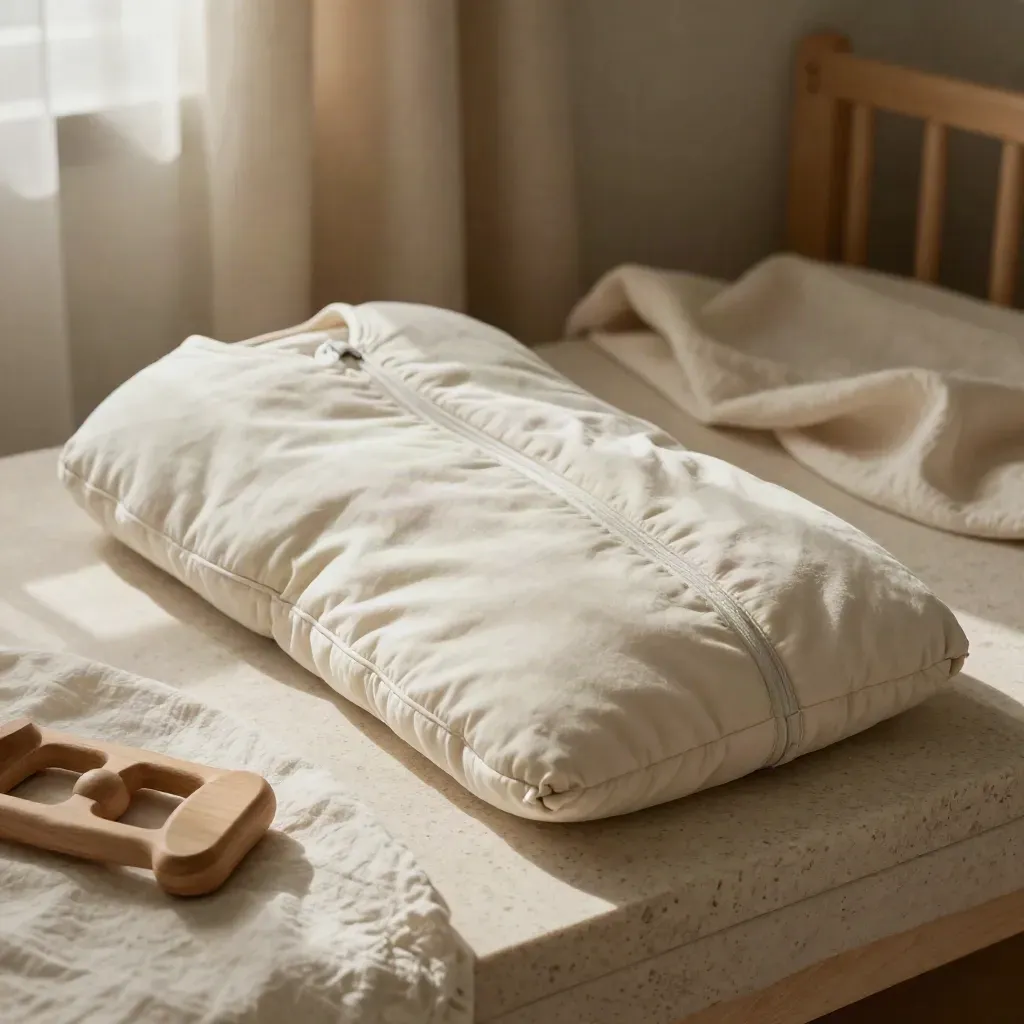 Saco de dormir crema con muselina y juguete de madera sobre travertino, estilo estudio.