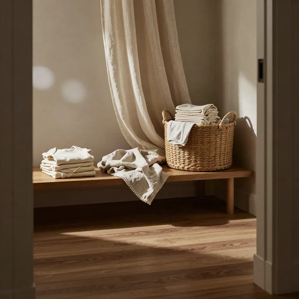 Rincón de dormitorio de bebé con estantería, cortina de lino y cesta de ropa ordenada.
